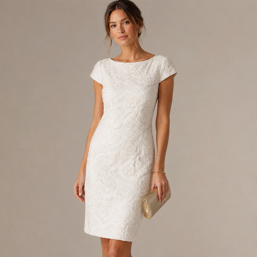 Donna Ricco Ivory Floral Brocade Cap Sleeve Sheath Dress DR52327 Womens 2